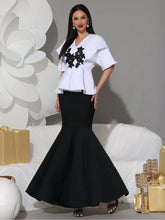 Modphy 2pcs Set: Elegant Applique Short Sleeve White Top & High-Waisted Fishtail Skirt, Formal Dress